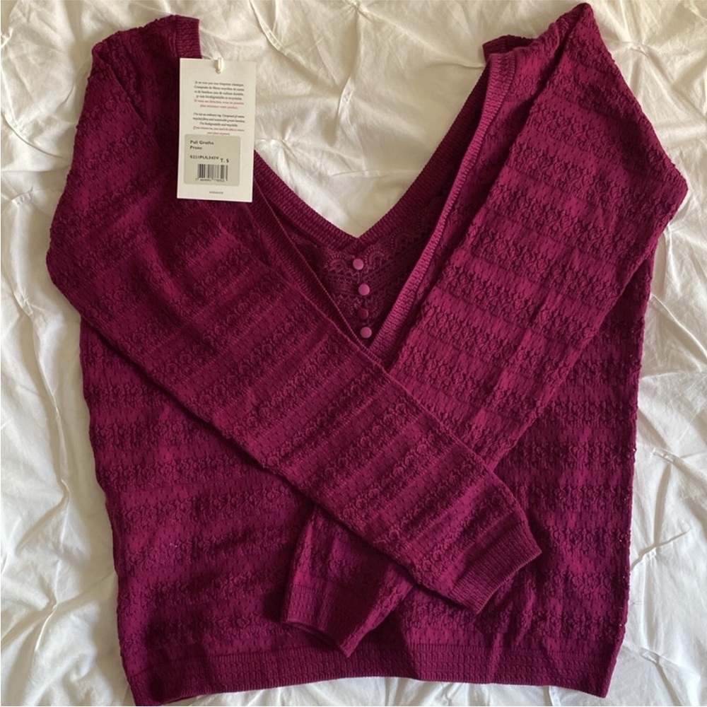 Sezane Plum V-Neck Ribbed Sweater - Picture 6 of 8